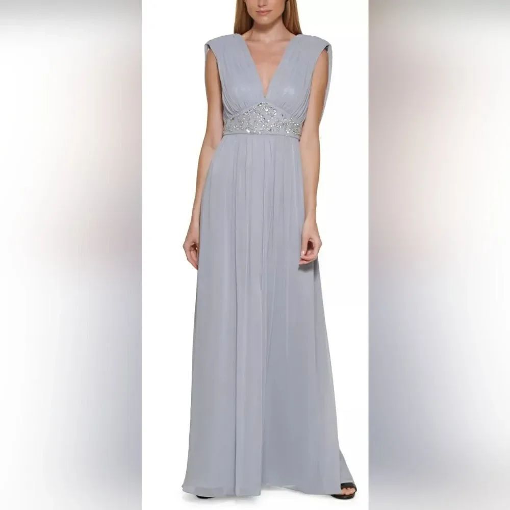 ELIZA J Beaded-Waist Greek Gown NWT size 14 silver